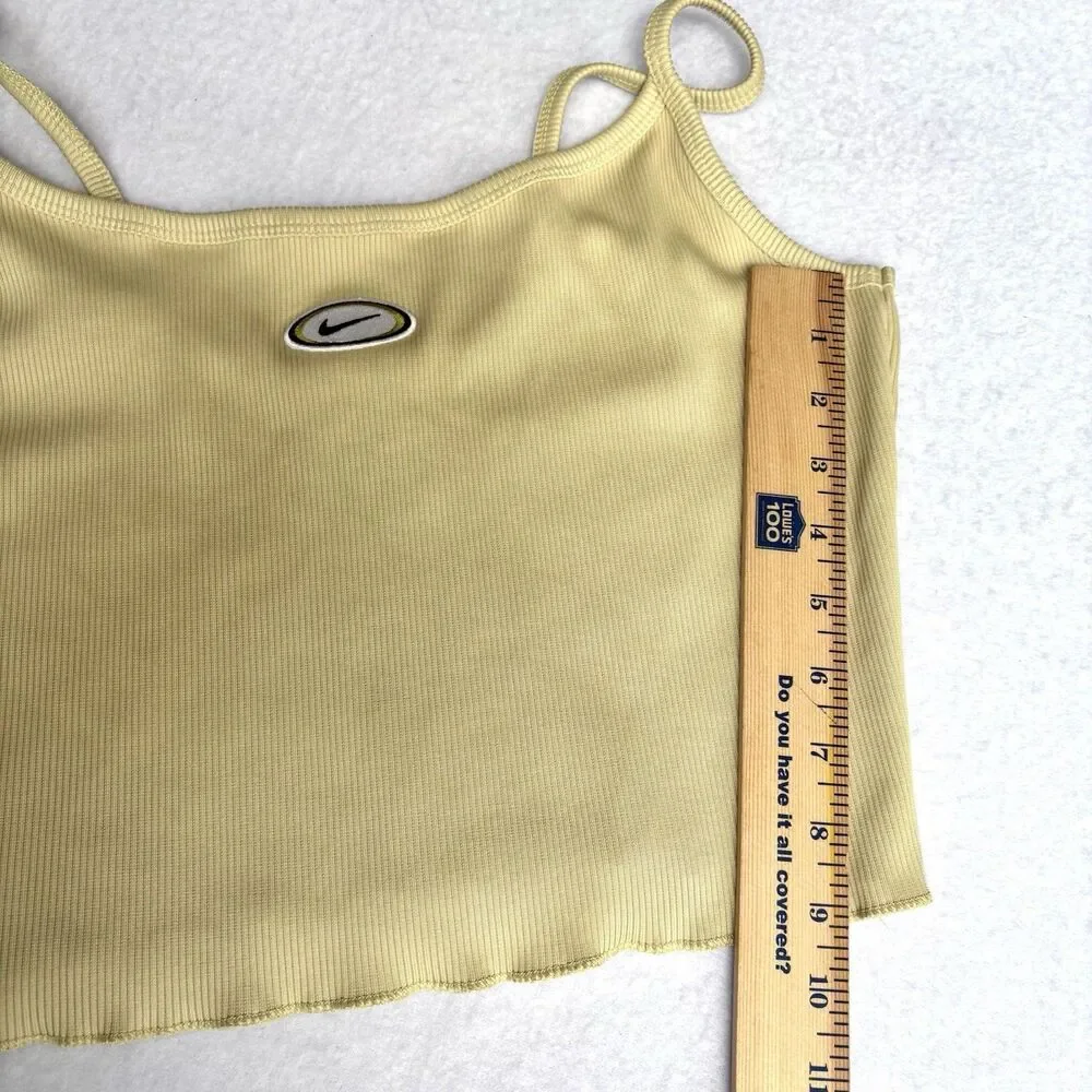 NIKE Ribbed Tank Cami Top Size S Yellow Cropped Lettuce Hem Center Swoosh